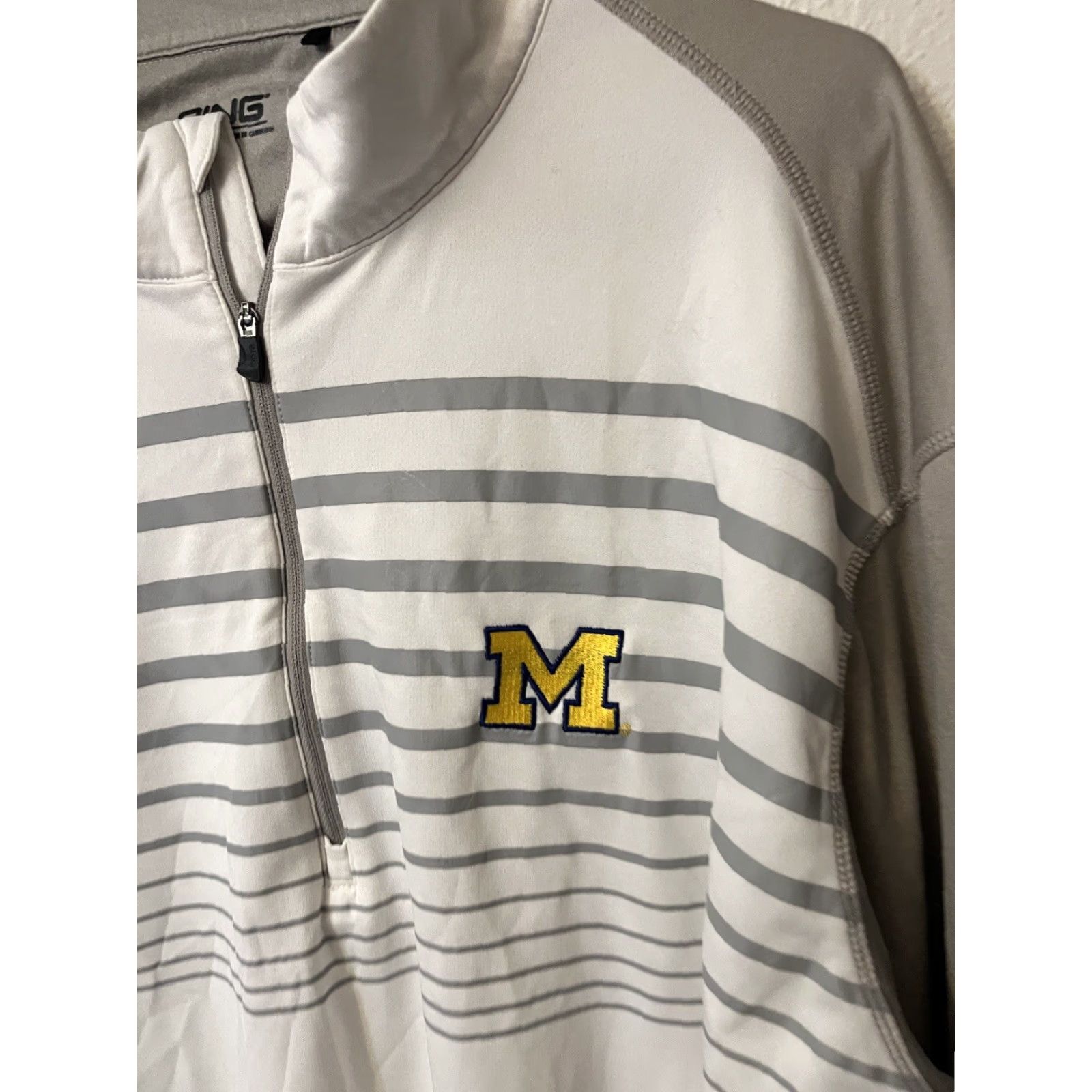 Vintage Ping Golf 1/4 Zip Pullover Men’s XL White Gray Striped Long Sleeve Embroidery Michigan Polo Shirt Size US XL / EU 56 / 4 - 3 Thumbnail