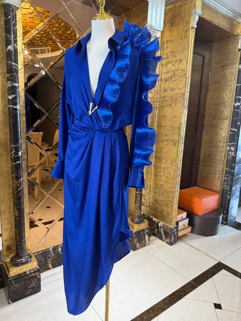Versace Versace Electric sapphire blue sexy deep V asymmetrical dr Size M / US 6-8 / IT 42-44 - 2 Thumbnail