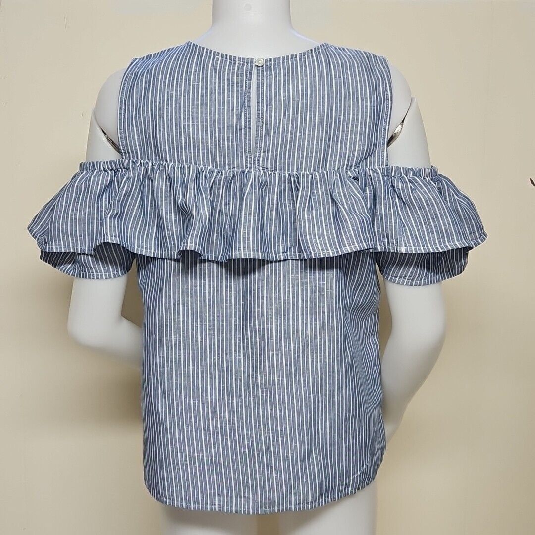 J.Crew J Crew Linen Blend Top Womens 12 Blue Striped Ruffle Collar Size XL / US 12-14 / IT 48-50 - 3 Thumbnail