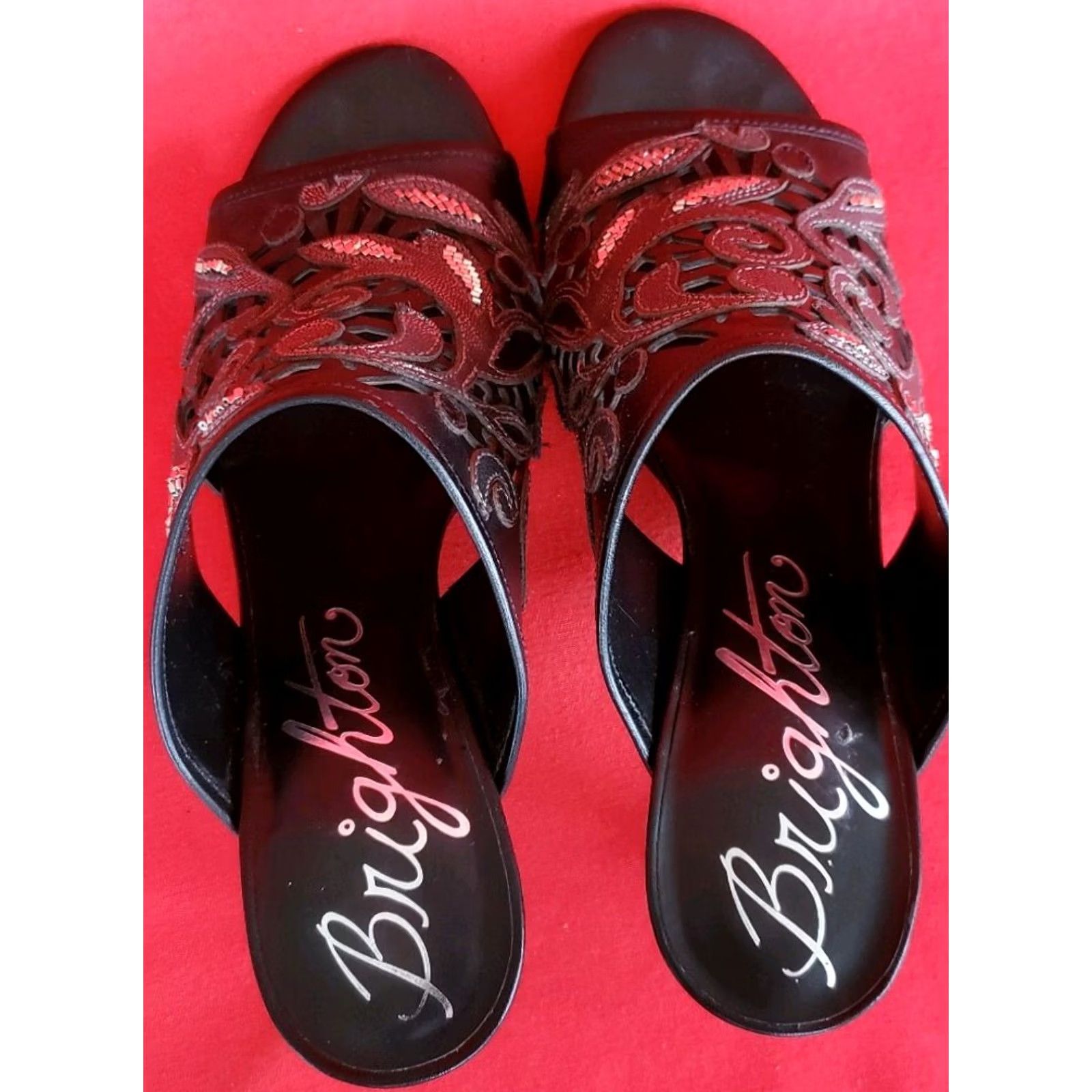 Brighton VINTAGE Brighton Revue Women's Sandal 7.5M Black Perforated Design Silver Accent 3" Heel Size US 6 / IT 36 - 7 Thumbnail