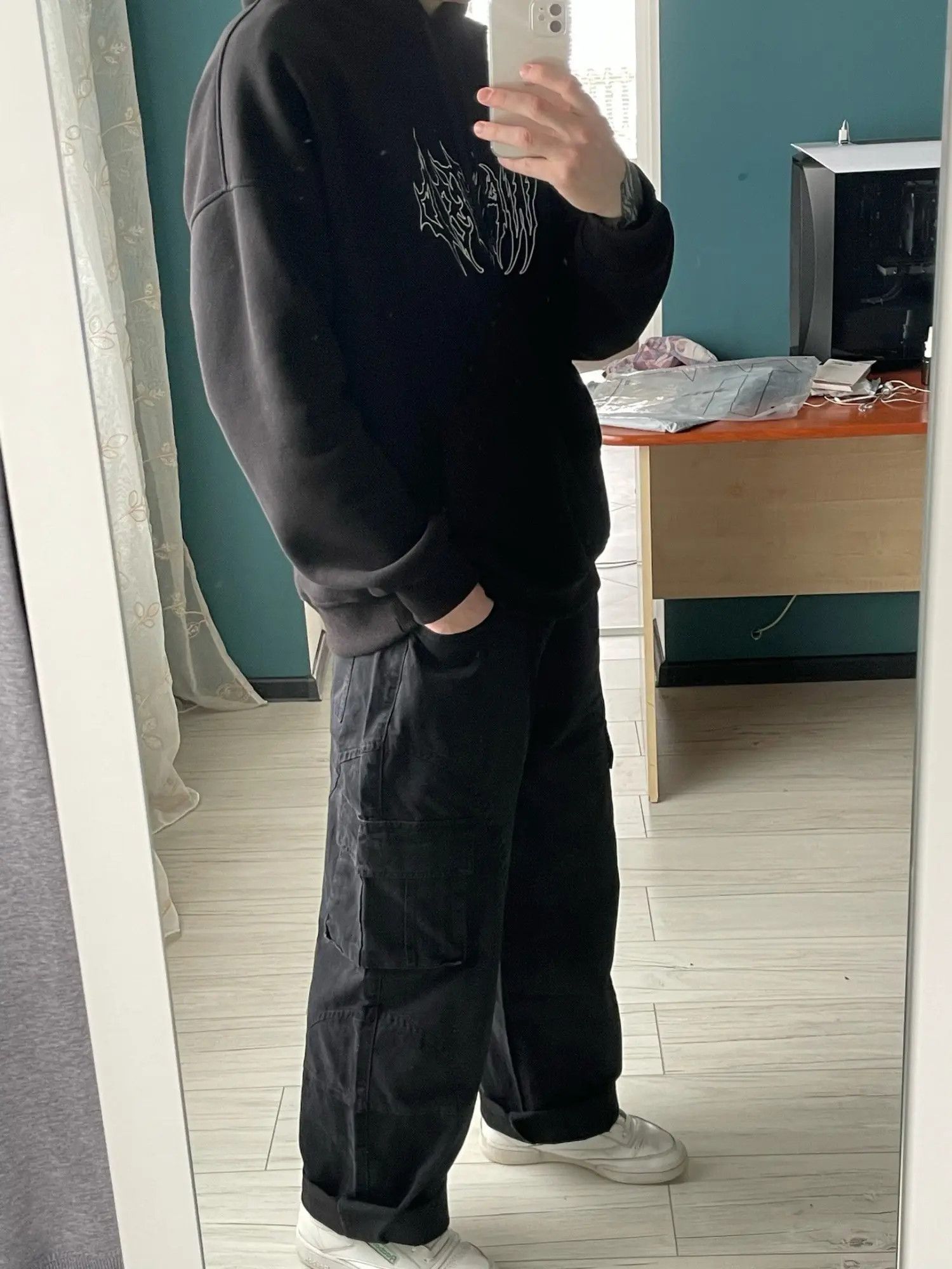 image of Multi-Pocket Cargo Casual Designer Wide Leg Pants in Black, Men's (Size 32)
