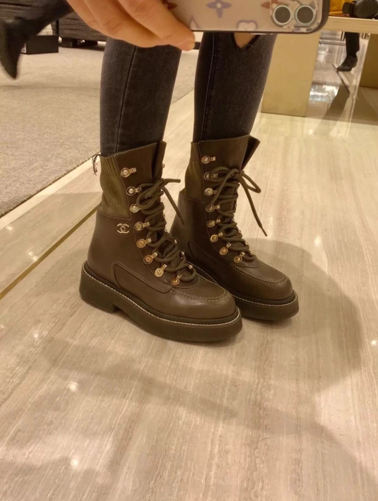 Chanel Chanel Women's Military Green Platform Ankle Boots 36.5 Size US 6 / IT 36 - 2 Thumbnail