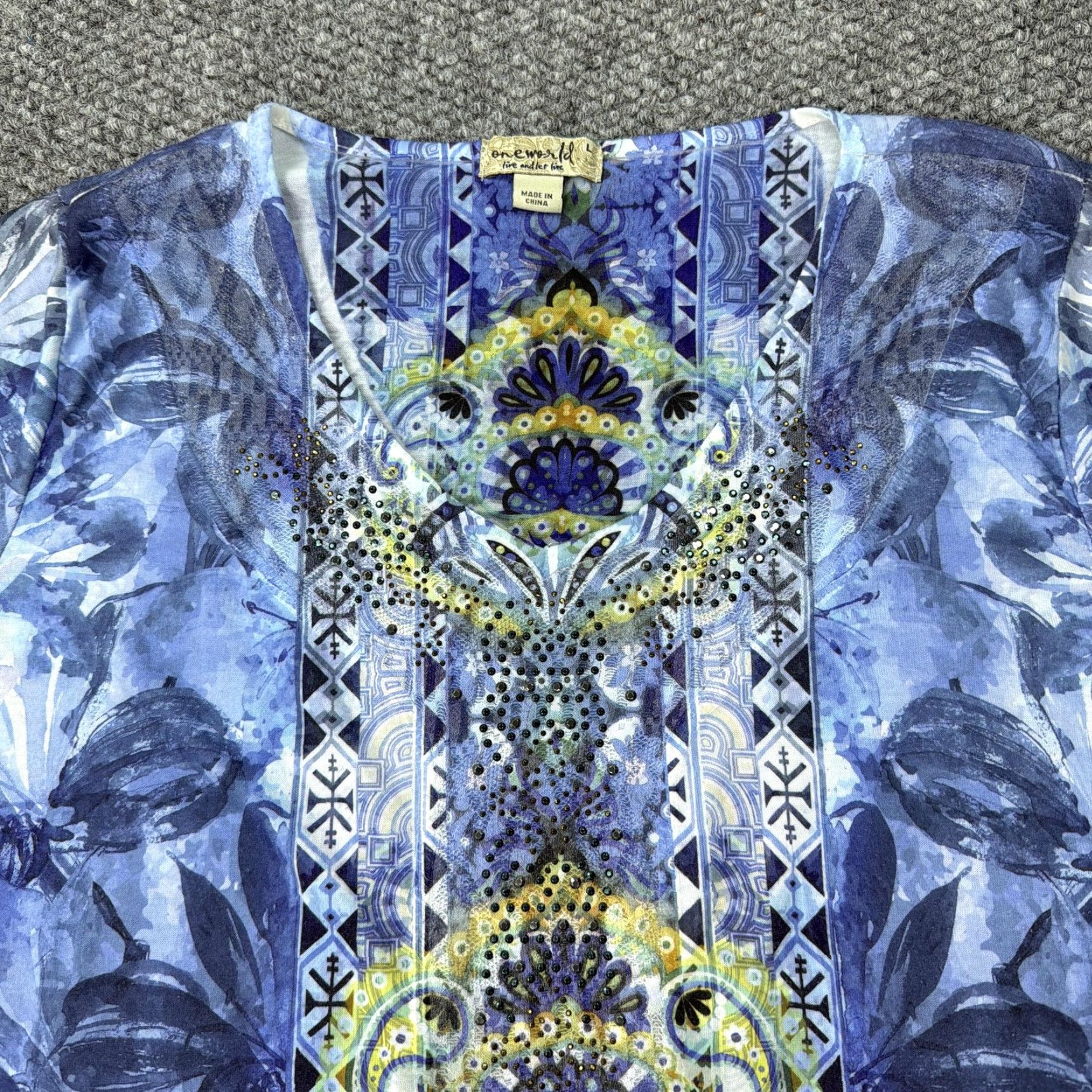 Vintage OneWorld Shirt Womens Large Blue Floral Rhinestone Tunic Top 3/4 Sleeve Stretch Size L / US 10 / IT 46 - 3 Thumbnail