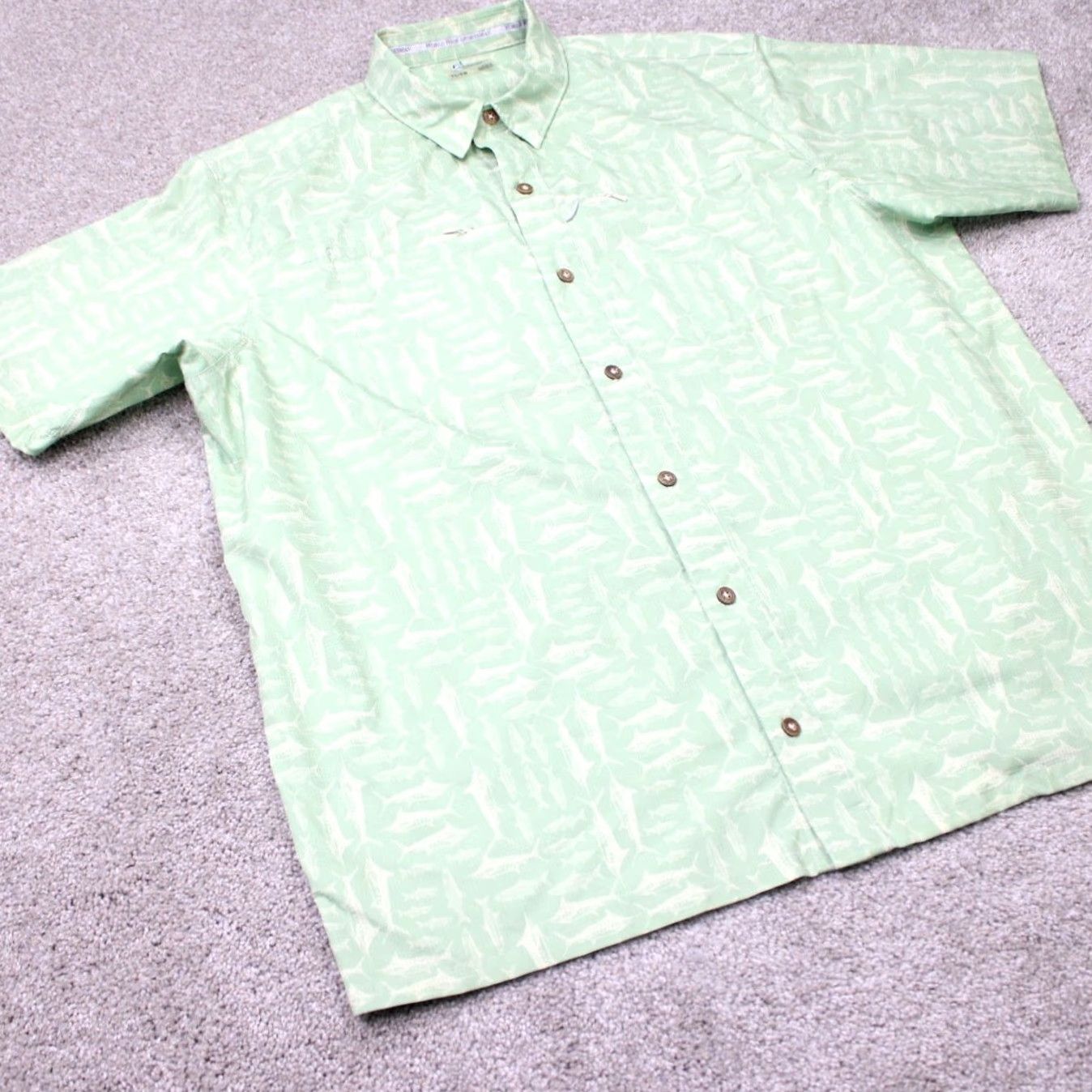 Vintage World Wide Sportsman AOP Shirt Mens XL Green Fish All Over Print Short Sleeve Button-Up Shirt Size US XL / EU 56 / 4 - 6 Thumbnail