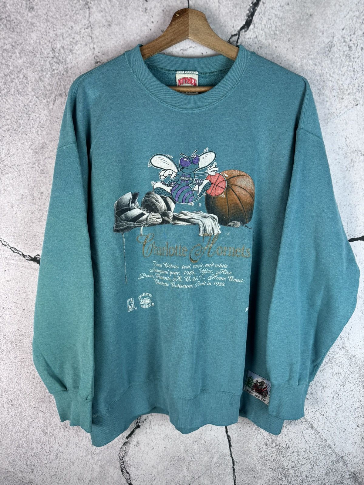 image of NBA x Salem Vintage 80's 1988 Charlotte Hornets Salem Sportswear Crewneck in Blue Green (Size XL)