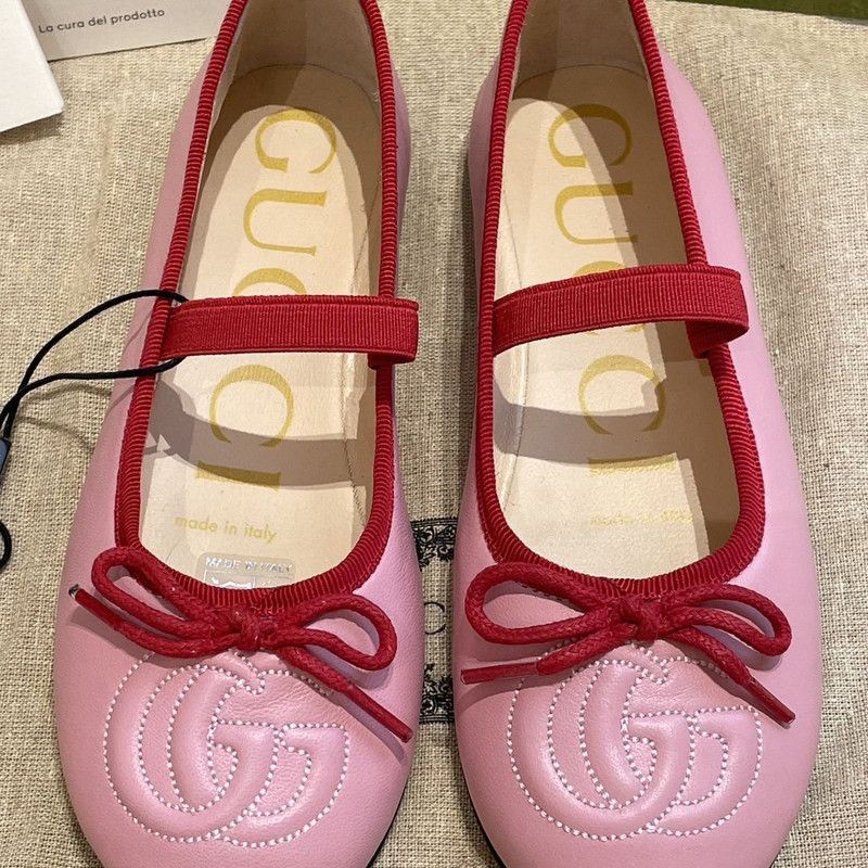 Gucci Gucci Pink Leather Bow Flat Shoes for Kids - Size US 12 / EU 45 - 2 Thumbnail