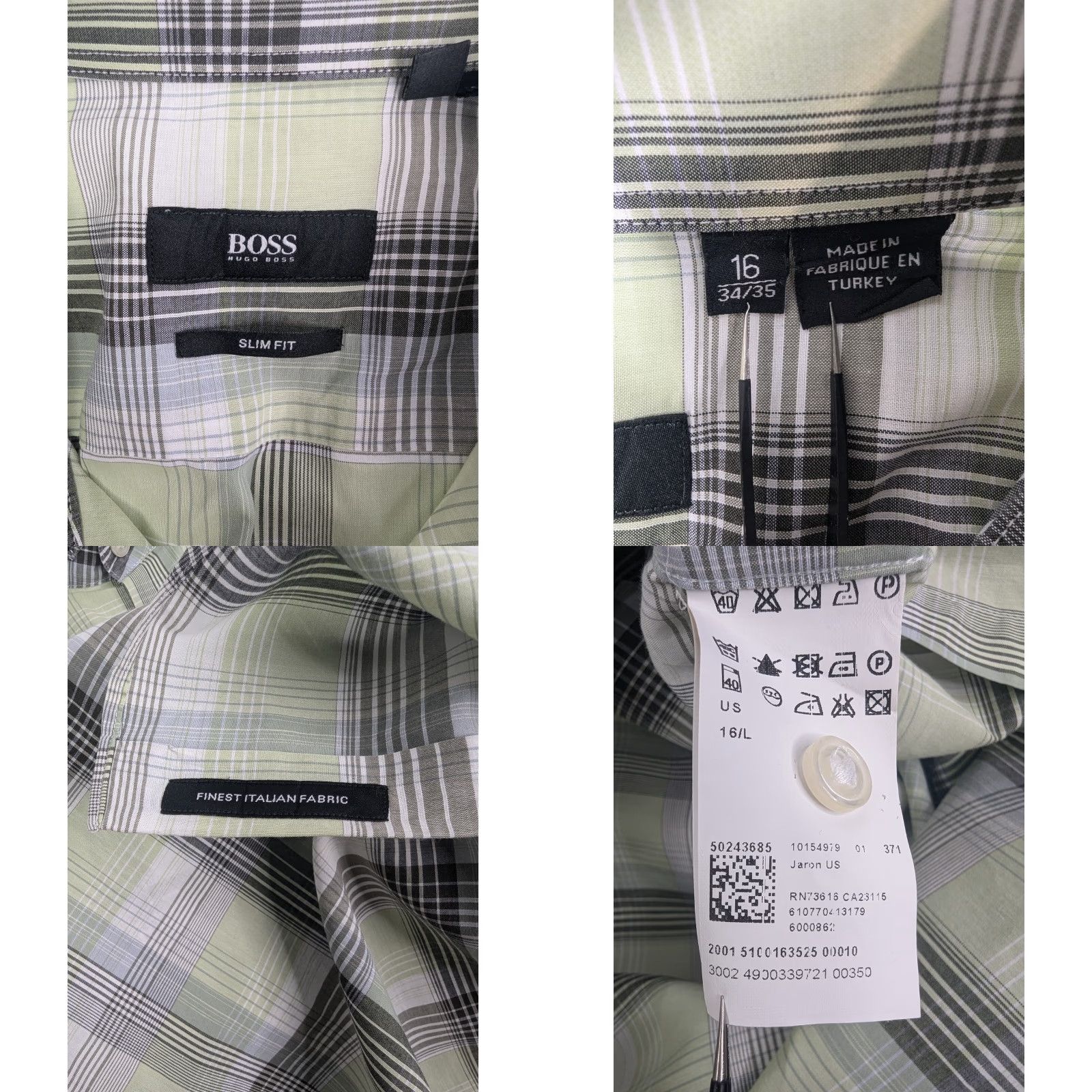 Hugo Boss HUGO BOSS Dress Shirt Slim Fit 16 Green Plaid 100% Cotton Italian Fabric Spread Collar Mens Shirt Size 42R - 8 Thumbnail