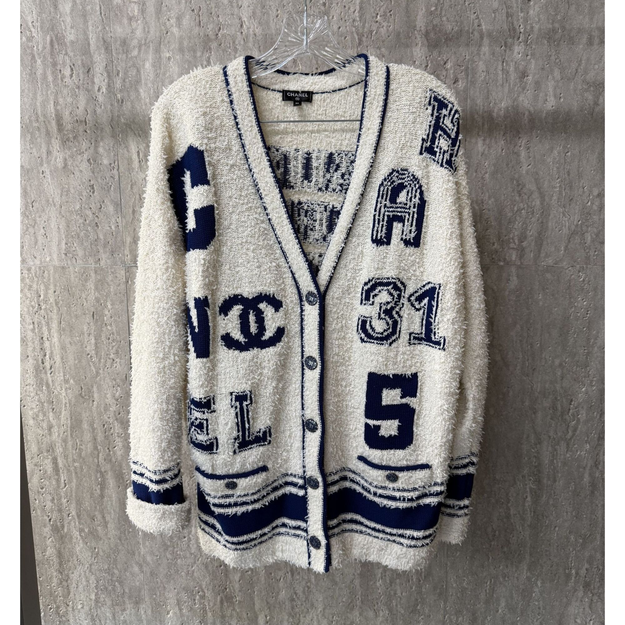 Chanel Womens Vintage Cardigan Sweater Beige/Navy Bouclé Kni