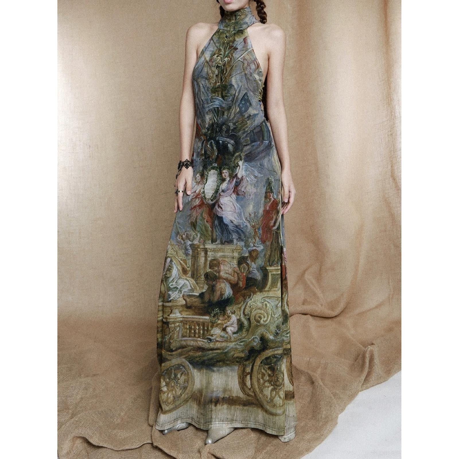 Japanese Brand Vintage Style Painting Print Halter Maxi Dress M Size M / US 6-8 / IT 42-44 - 1 Thumbnail