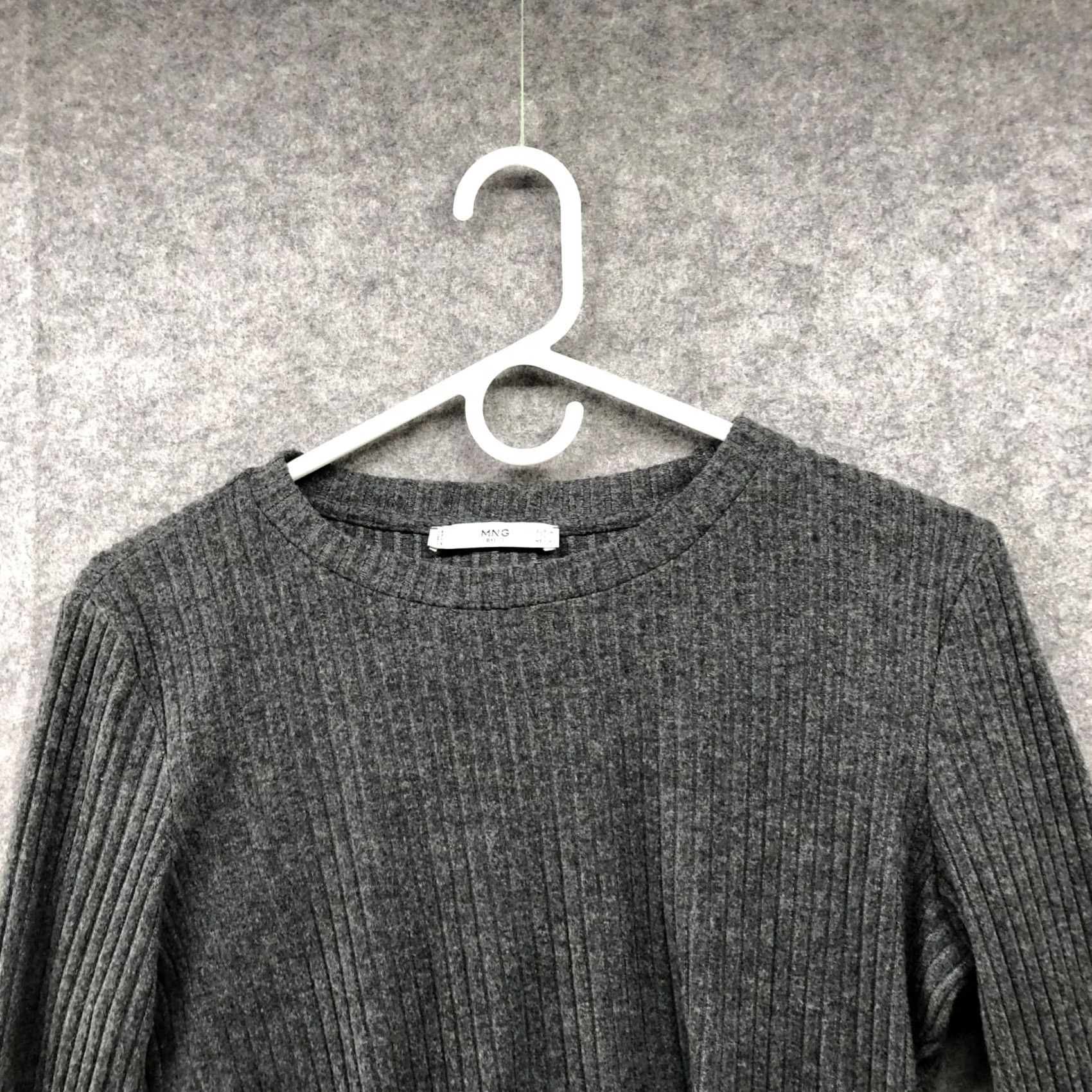 Mango MNG Mango Ribbed Knit Long Sleeve T Shirt Womens S Gray Ruffle Tie Sleeve Crewneck Regular Fit Casual Size S / US 4 / IT 40 - 3 Thumbnail