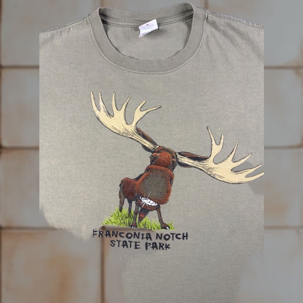 Vintage VINTAGE Moose New Hampshire Shirt XL Mens T-Shirt Brown Crew Neck Short Sleeve Outdoors Franconia Notch State Park Cotton Size US XL / EU 56 / 4 - 1 Thumbnail