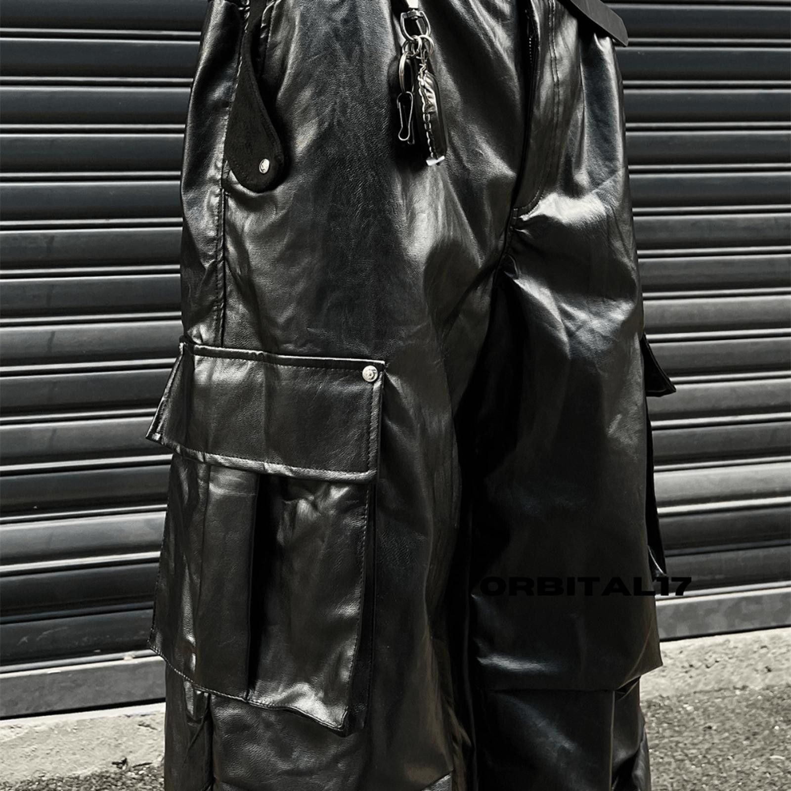 Leather Black Cargo Baggy Stacked Flare PU Leather Jeans Size US 32 / EU 48 - 8 Thumbnail