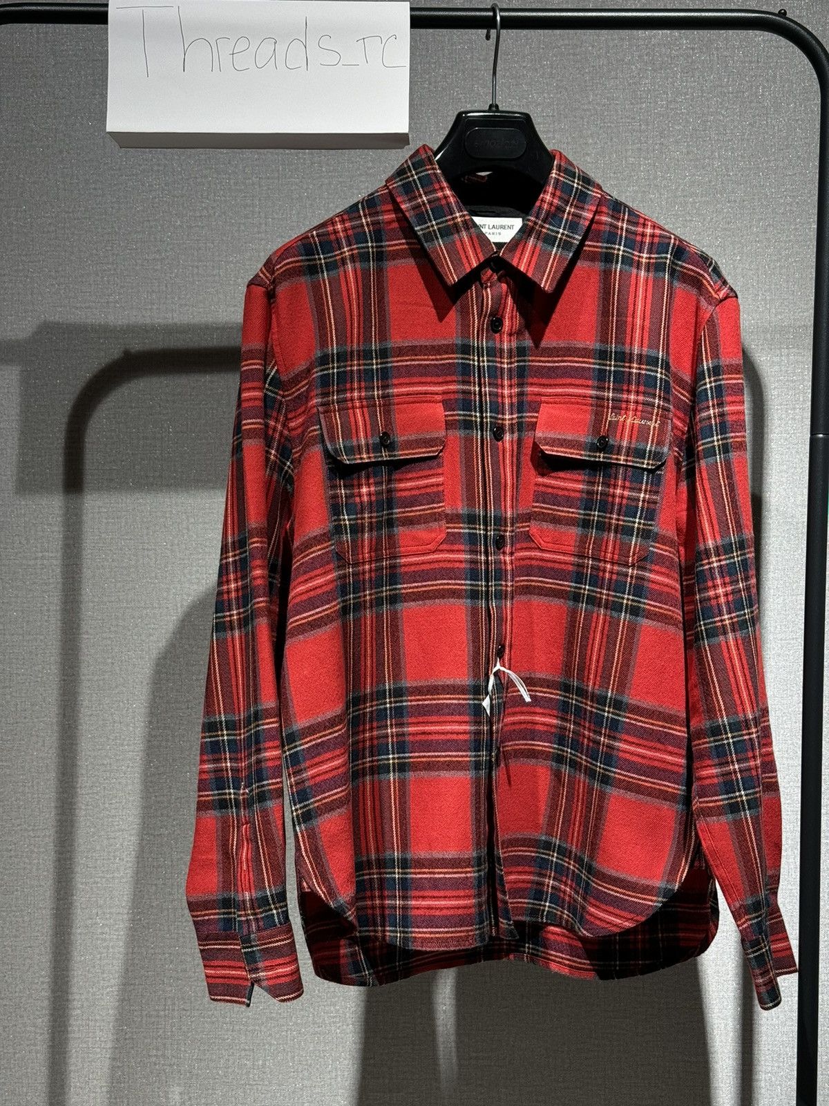 image of Saint Laurent Paris Saint Laurent-Embroidered Overshirt In Tartan Flannel, Men's (Size Medium)