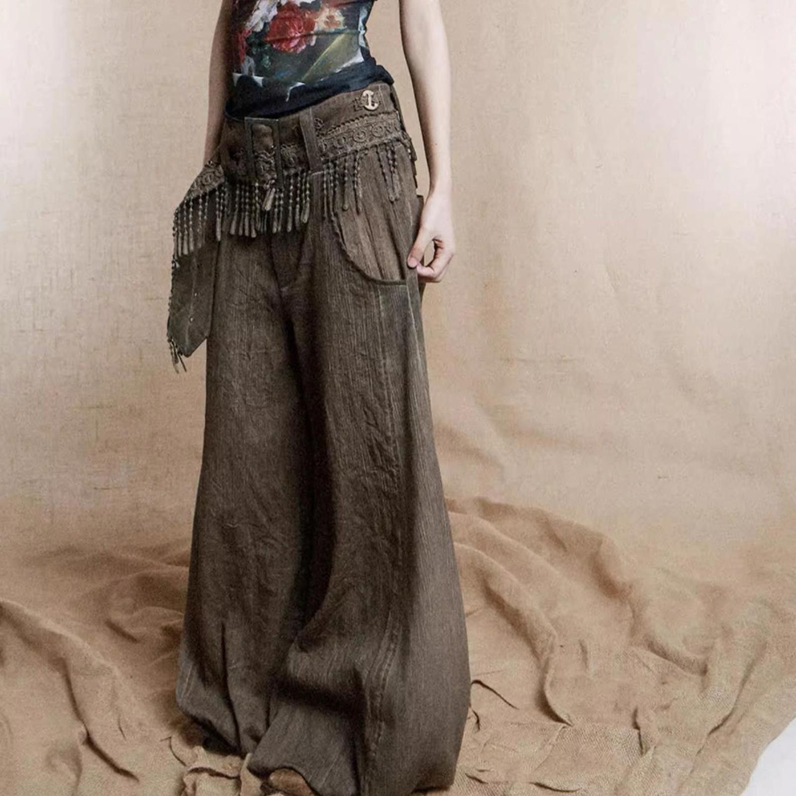 Japanese Brand Wide-Leg Trousers with Detachable Belt & Elastic Cuff Hems Size 28" / US 6 / IT 42 - 4 Thumbnail