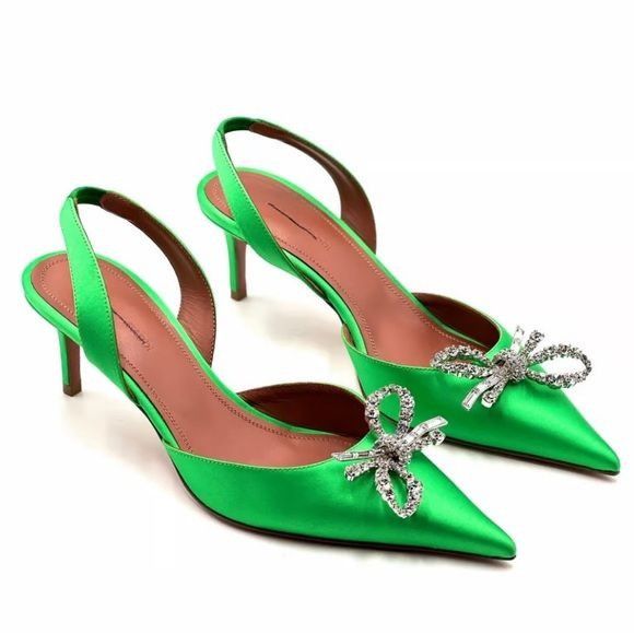 image of Amina Muaddi Leather Heel Shoes in Green, Women's (Size 8)