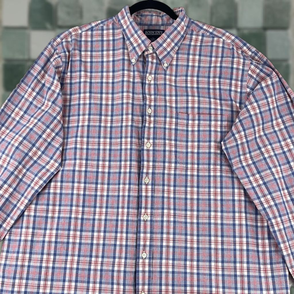 Lands' End VINTAGE Lands' End Button-Down Dress Shirt Mens XL Red Blue Plaid Long Sleeve Size 46R - 1 Thumbnail