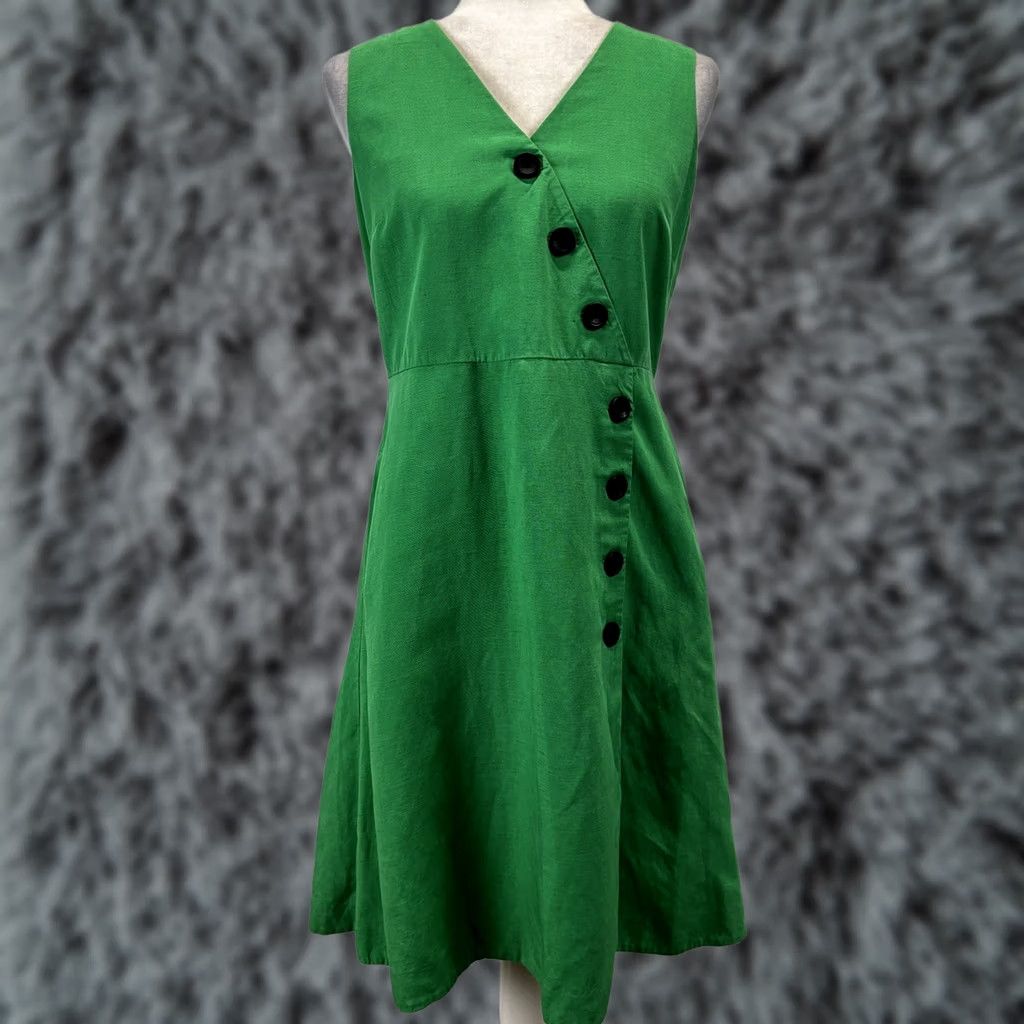 Ann Taylor Ann Taylor Side Button Linen Blend Dress Petites 6P Green Midi Sleeveless V-Neck Zip Dress Length: Midi Fit & Flare Womens Size M / US 6-8 / IT 42-44 - 1 Thumbnail