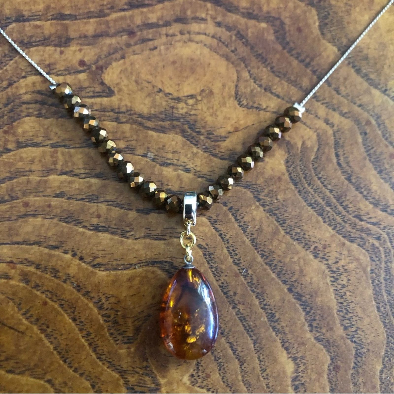Handmade Handcrafted simulated amber raindrop pendant chain necklace Size ONE SIZE - 7 Thumbnail