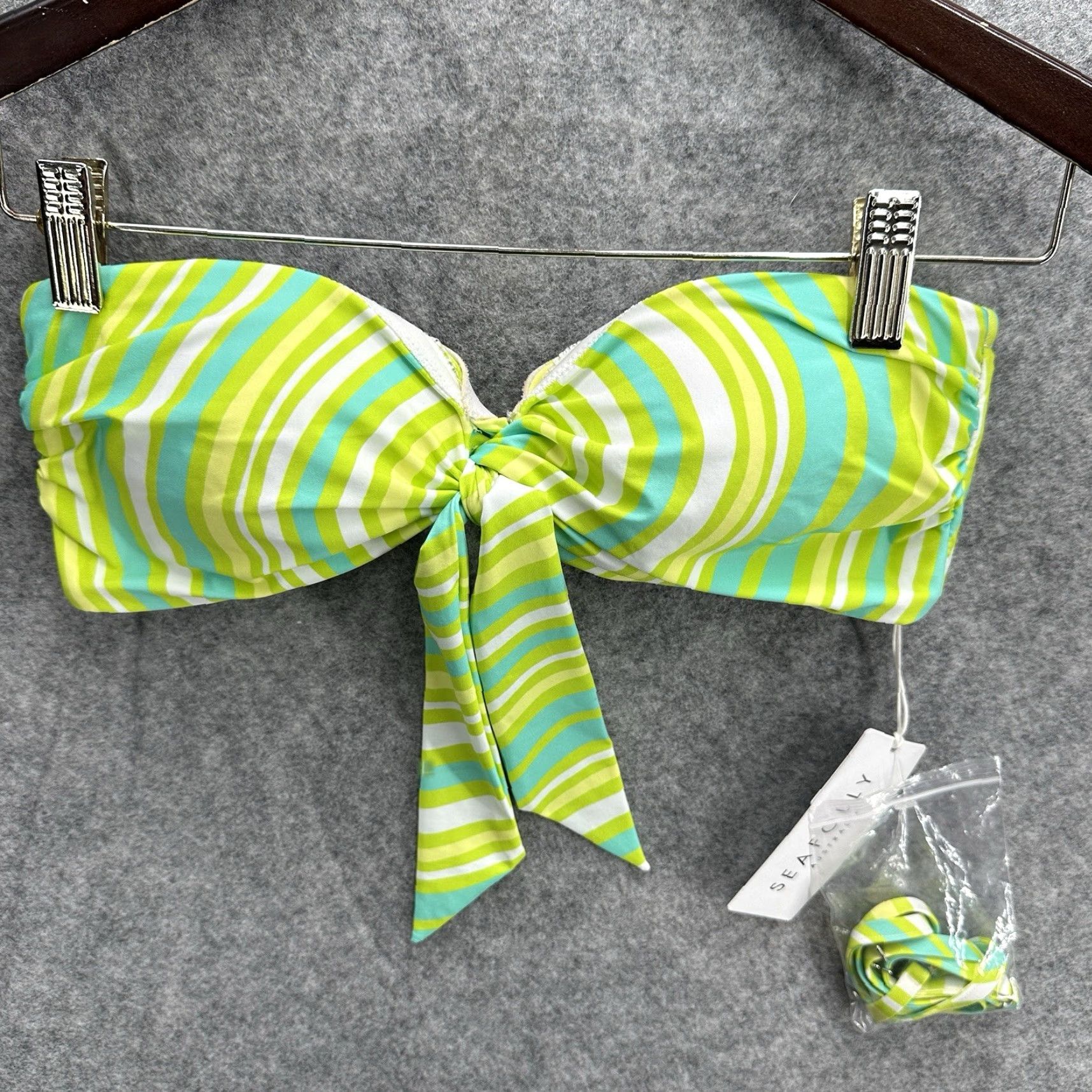 Vintage Seafolly Women's Tie Front Bandeau Bikini Top 6 AU Lime Green Geometric 70s 80s 90s Swimsuit Size M / US 6-8 / IT 42-44 - 3 Thumbnail