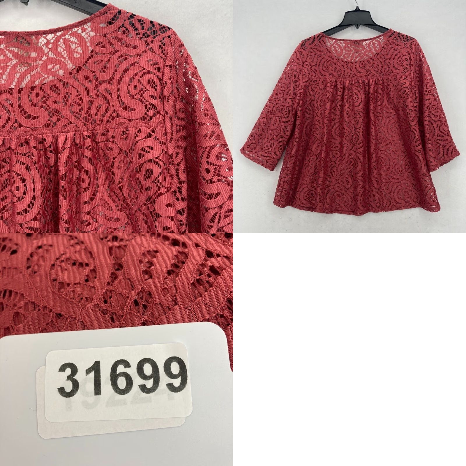 Loft LOFT Outlet Lace Top Women's Large Mauve 3/4 Sleeve Boho Feminine Nylon Sheer Shirt Size L / US 10 / IT 46 - 9 Thumbnail