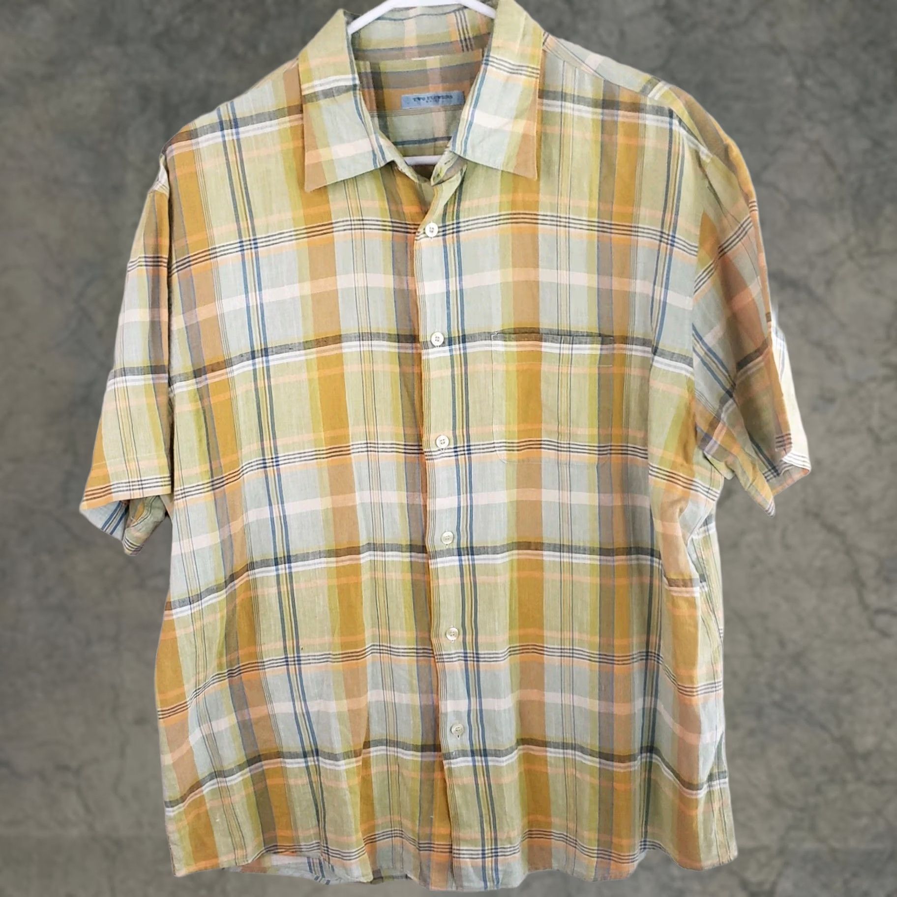 Vintage Two Flowers Linen Blend Camp Shirt Men XL Yellow Green Orange Plaid SS Button Size US XL / EU 56 / 4 - 1 Thumbnail