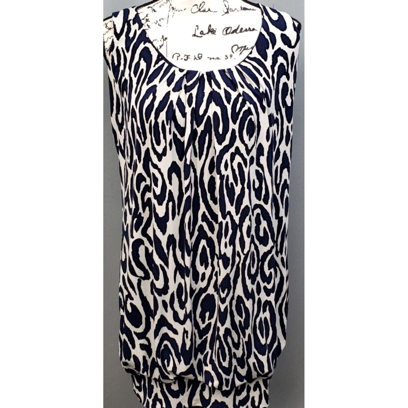 Vintage INC International Concepts Short Dress Women's L Blue White Geo Print Round Neck Dress Size 36" / US 14 / IT 50 - 2 Thumbnail