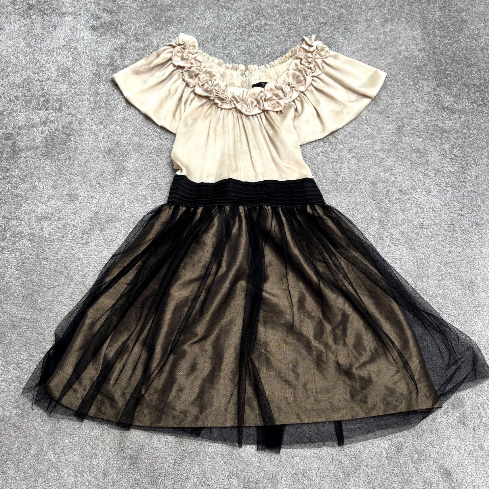 Vintage Ryu A-Line Dress Womens Medium Champagne Bronze Beige Satin Rosette Ruffle Tulle Size M / US 6-8 / IT 42-44 - 2 Thumbnail