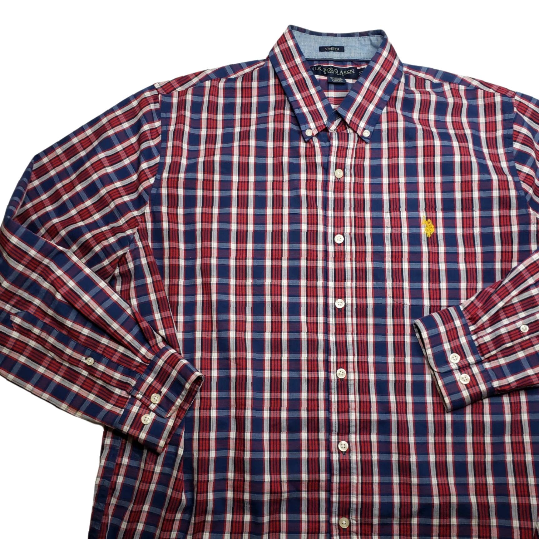 US Polo Assn Button-Down Shirt Long Sleeve XL Crest Plaid Red White Blue Cotton Blend Men's Shirt