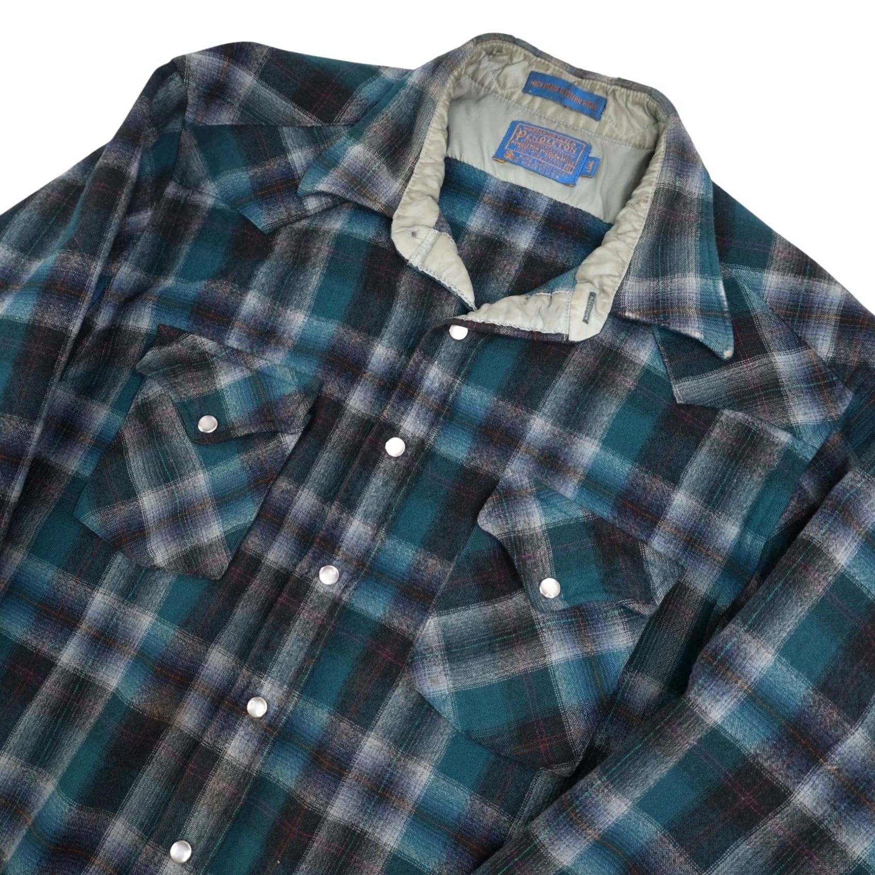 Pendleton VINTAGE Pendleton High Grade Western Wear Shadow Plaid Pearl Snap Wool Shirt Mens XL Blue Size US XL / EU 56 / 4 - 2 Thumbnail