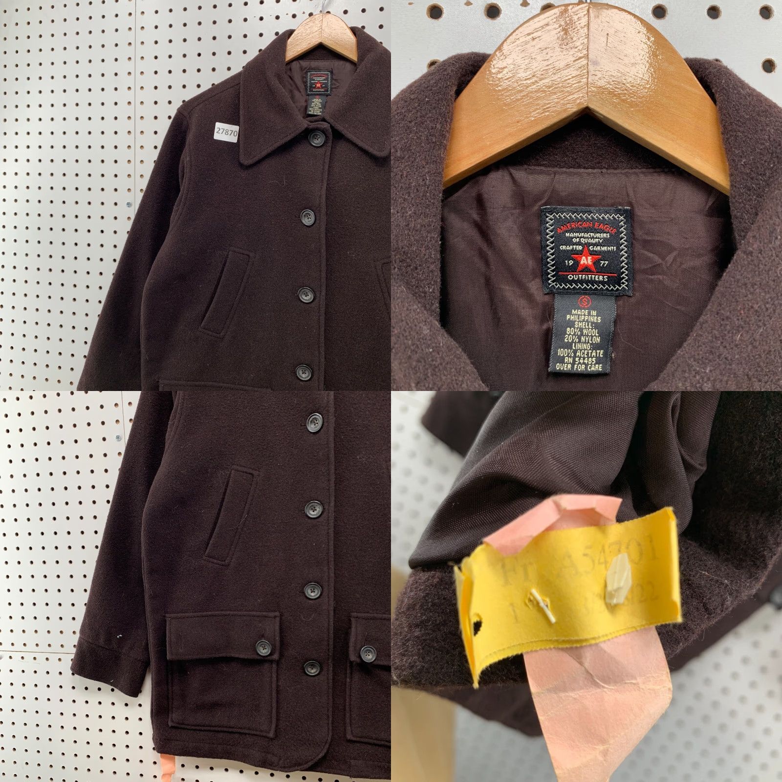 American Eagle Outfitters American Eagle Wool Coat Womens Small Brown Jacket Women's Wool Coat Pea Coat Collared 21.5X29.5 Regular Size Type: Regular Size S / US 4 / IT 40 - 8 Thumbnail