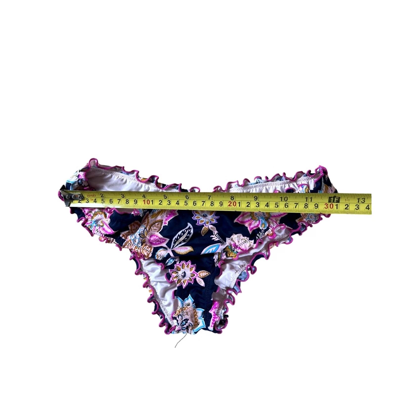 Vintage Shade & Shore Bottom Womens S Blue Bikini Lined Elastic Waist Ruffle Floral Size 28" / US 6 / IT 42 - 2 Thumbnail