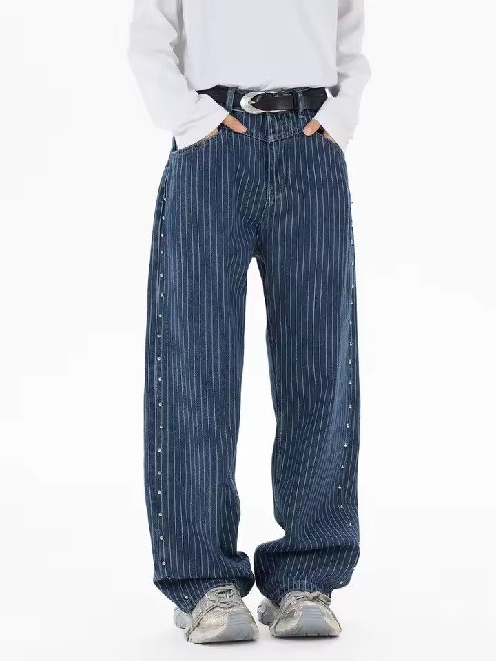 Jean Streetwear Designer Striped Rhinestone Baggy Jeans Size US 31 - 4 Thumbnail