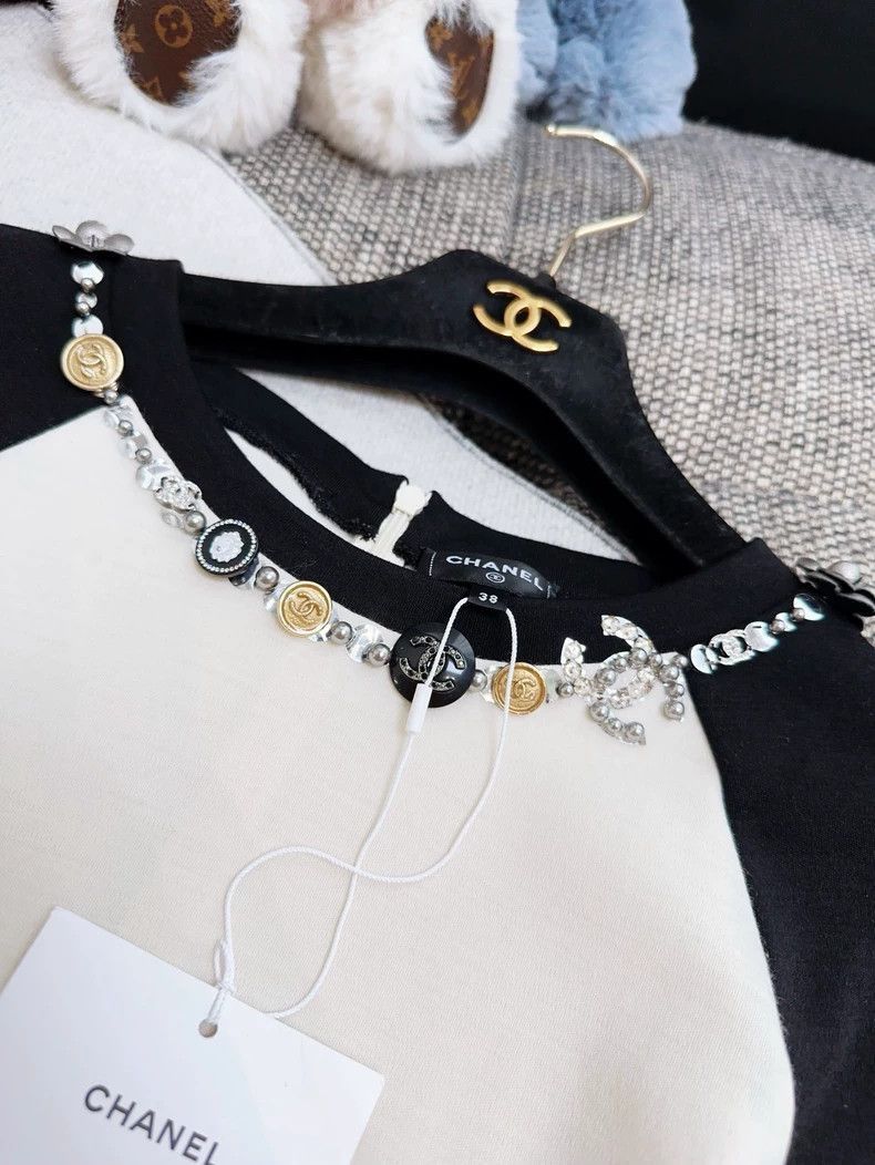 Chanel Beige Black Embellished Long Sleeve Top