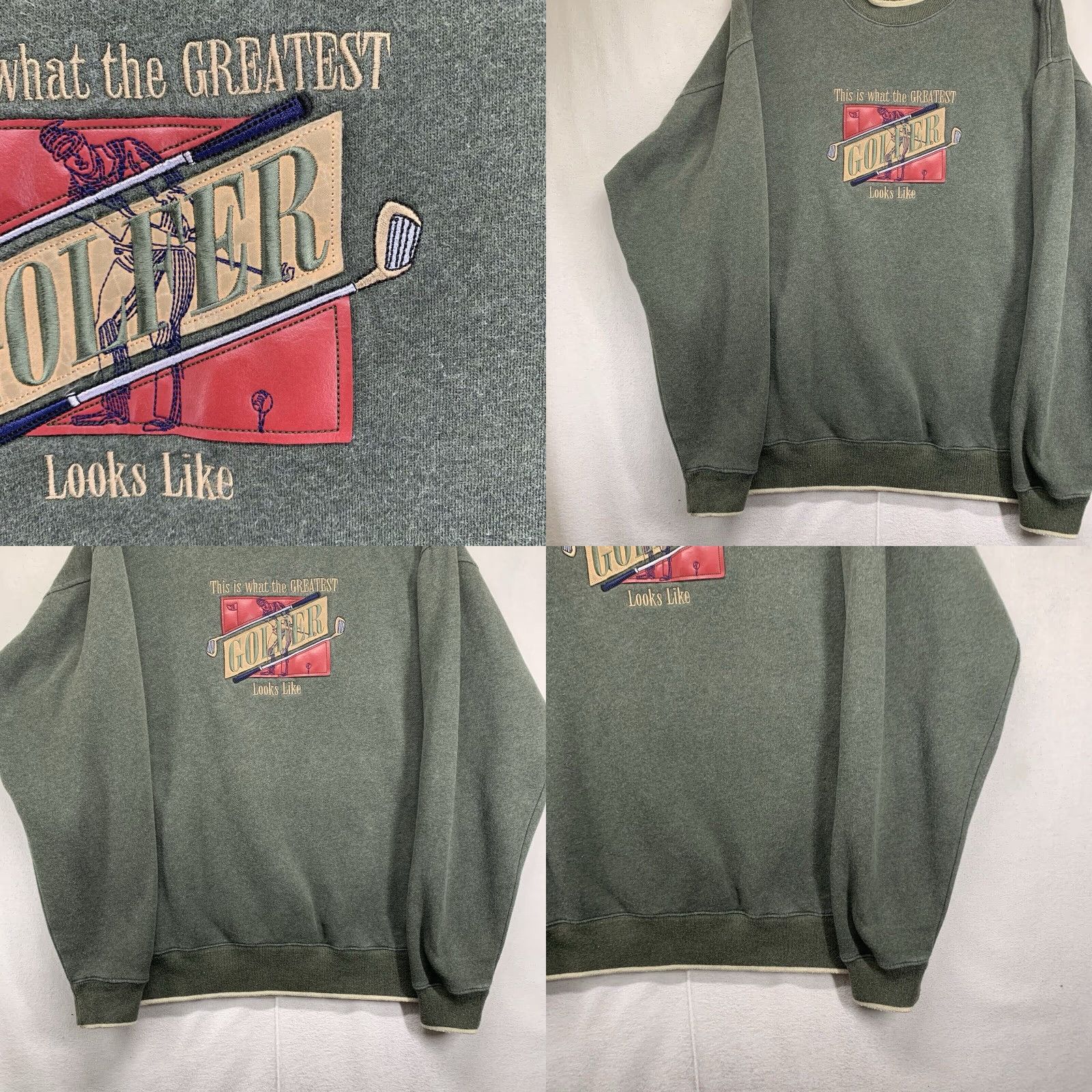 Vintage VINTAGE Men's Golf Sweatshirt XL Green 90s Sports Humor Embroidered Leather Details Crew Neck Pullover Heavyweight Fleece Size US XL / EU 56 / 4 - 8 Thumbnail