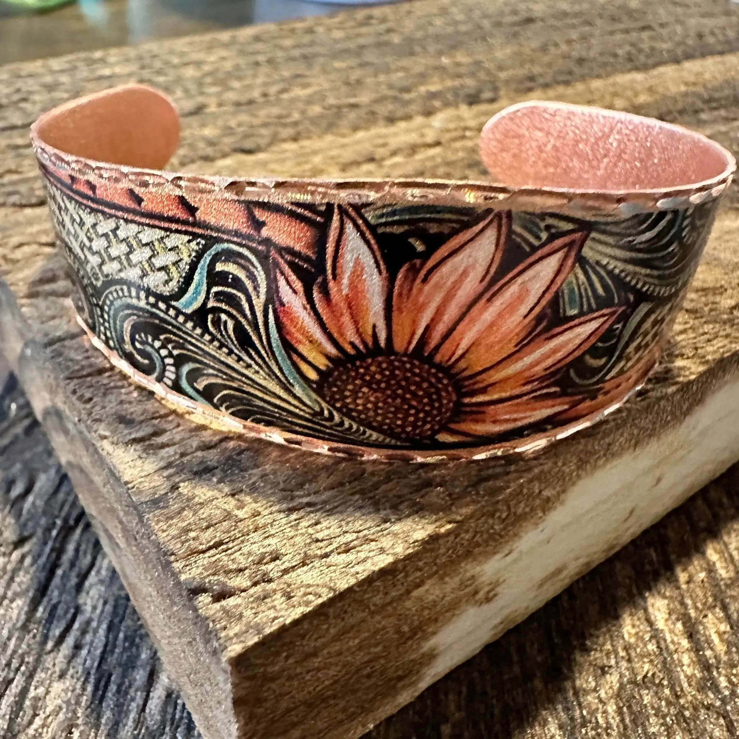 Other Handmade Boho Sunflower Cuff Bracelet, Copper Western Sunflo Size ONE SIZE - 5 Thumbnail