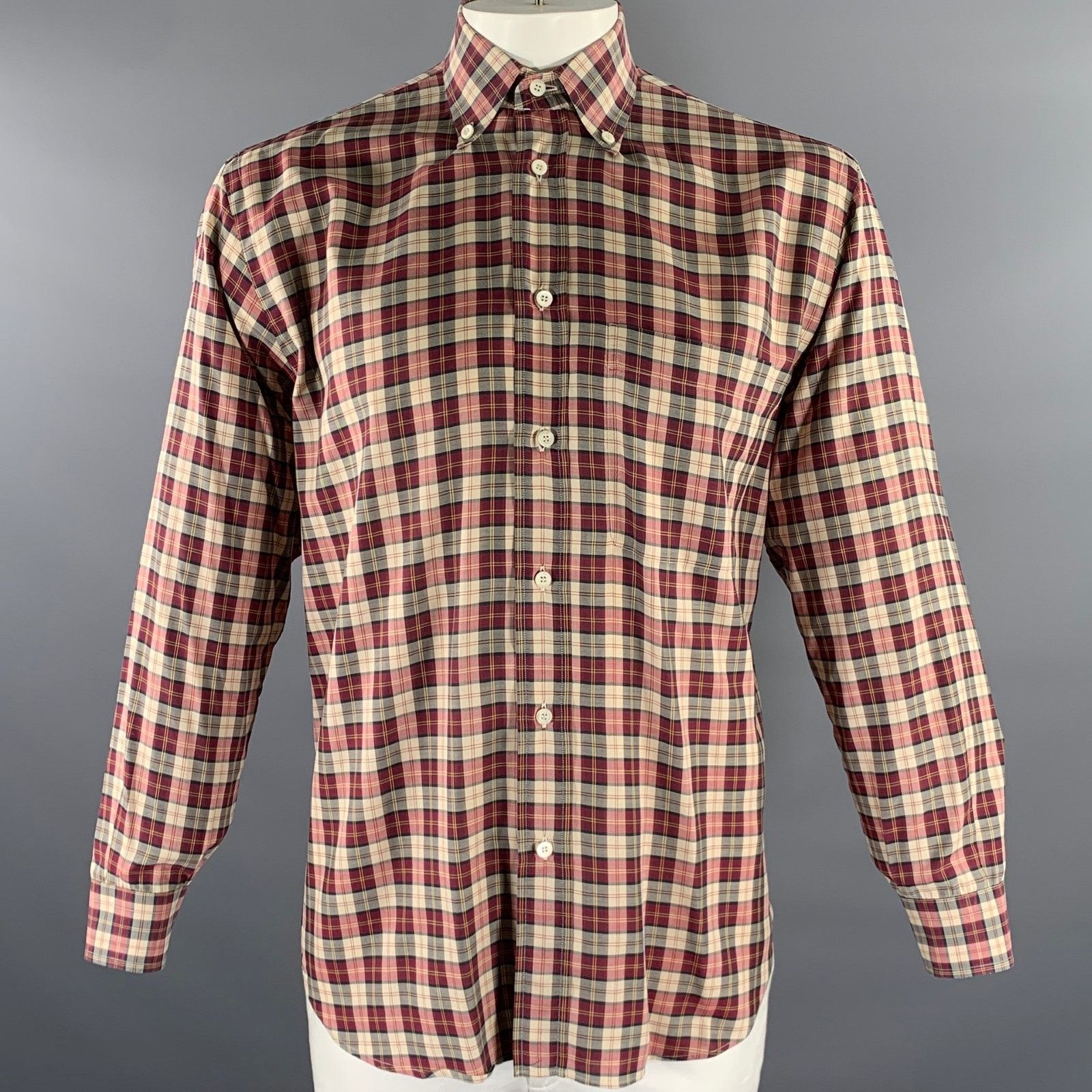 Brioni BRIONI L Burgundy Tan Tartan Cotton Button Down Size US L / EU 52-54 / 3 - 1 Thumbnail