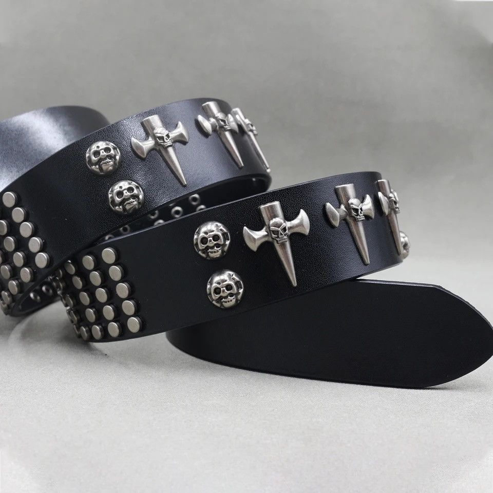 Leather Studded Skull Punk Rock Split Leather Belt Size ONE SIZE - 3 Thumbnail
