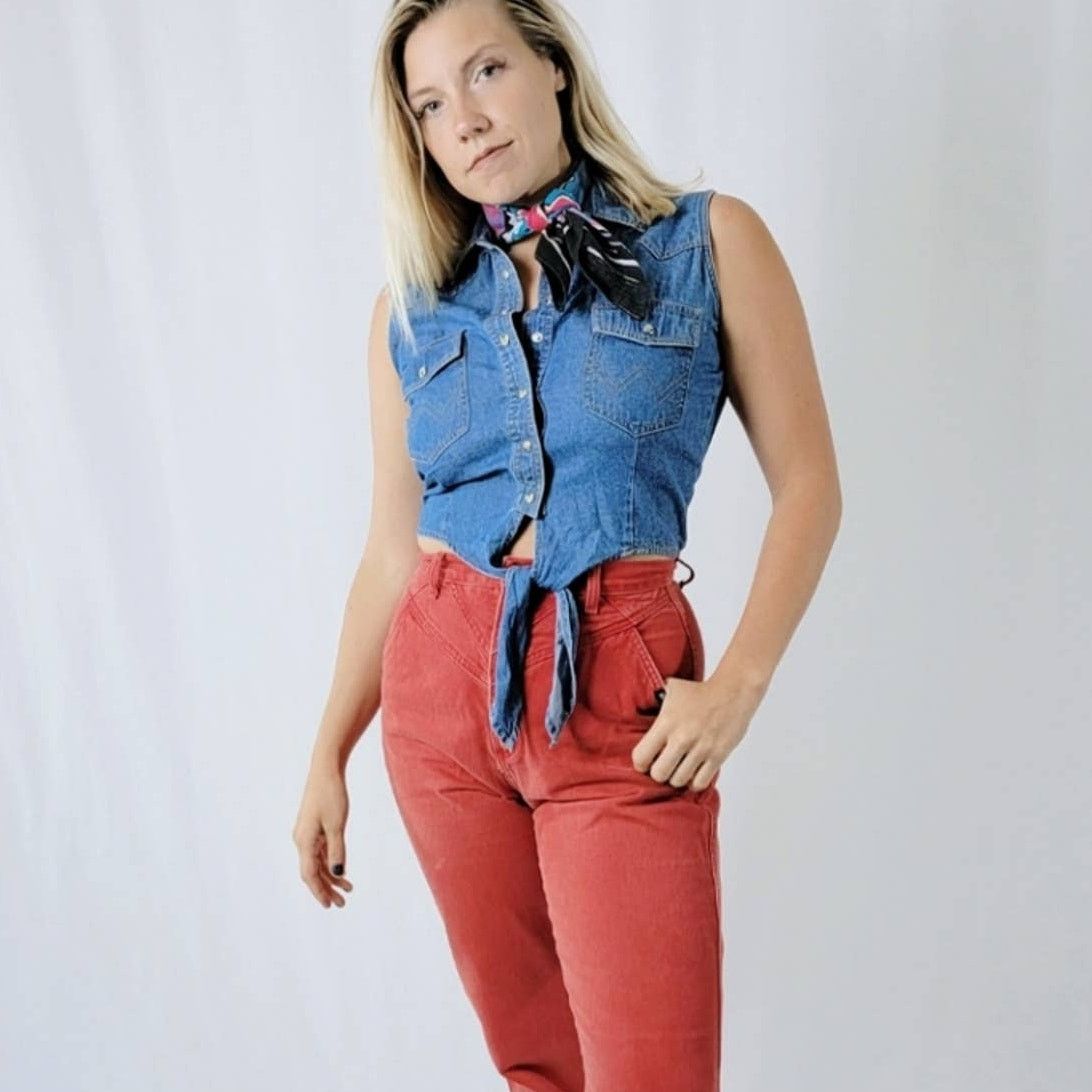 NEW 70's Wrangler Denim Pearl Snap Crop Tie Front Vest