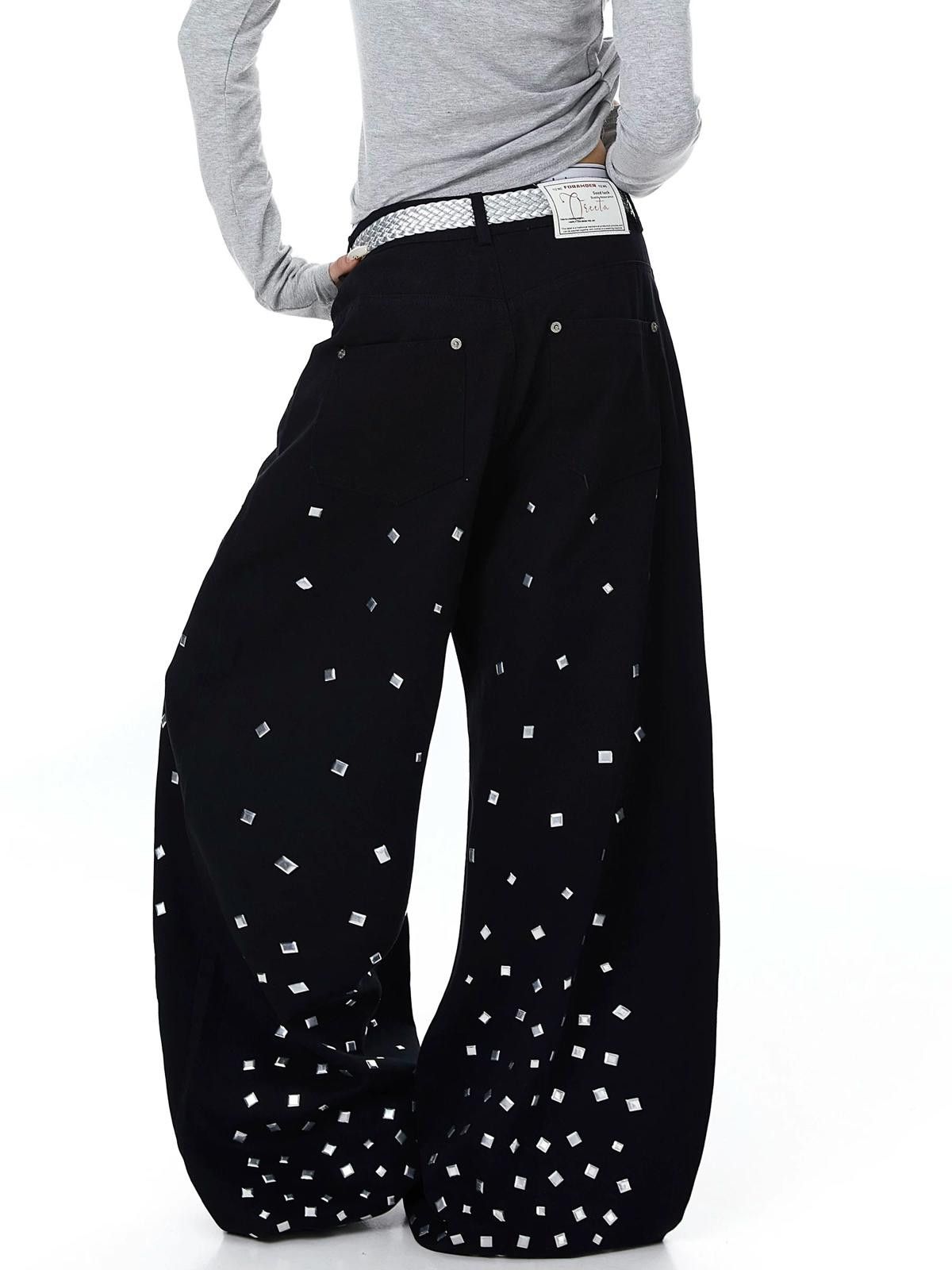 Other Square-Rivet Scatter Wide-Leg Black Denim Jeans Size US 30 / EU 46 - 2 Thumbnail