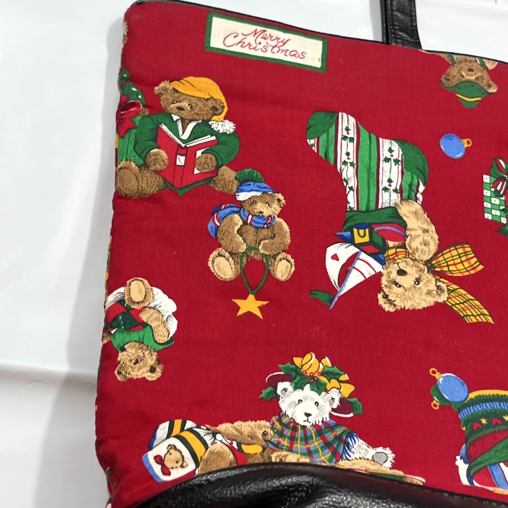 Vintage VINTAGE Unbranded Tote Bag Black Lined Cotton Canvas Christmas Teddy Bears 13”x19” Red Green Tree Santa Size ONE SIZE - 5 Thumbnail