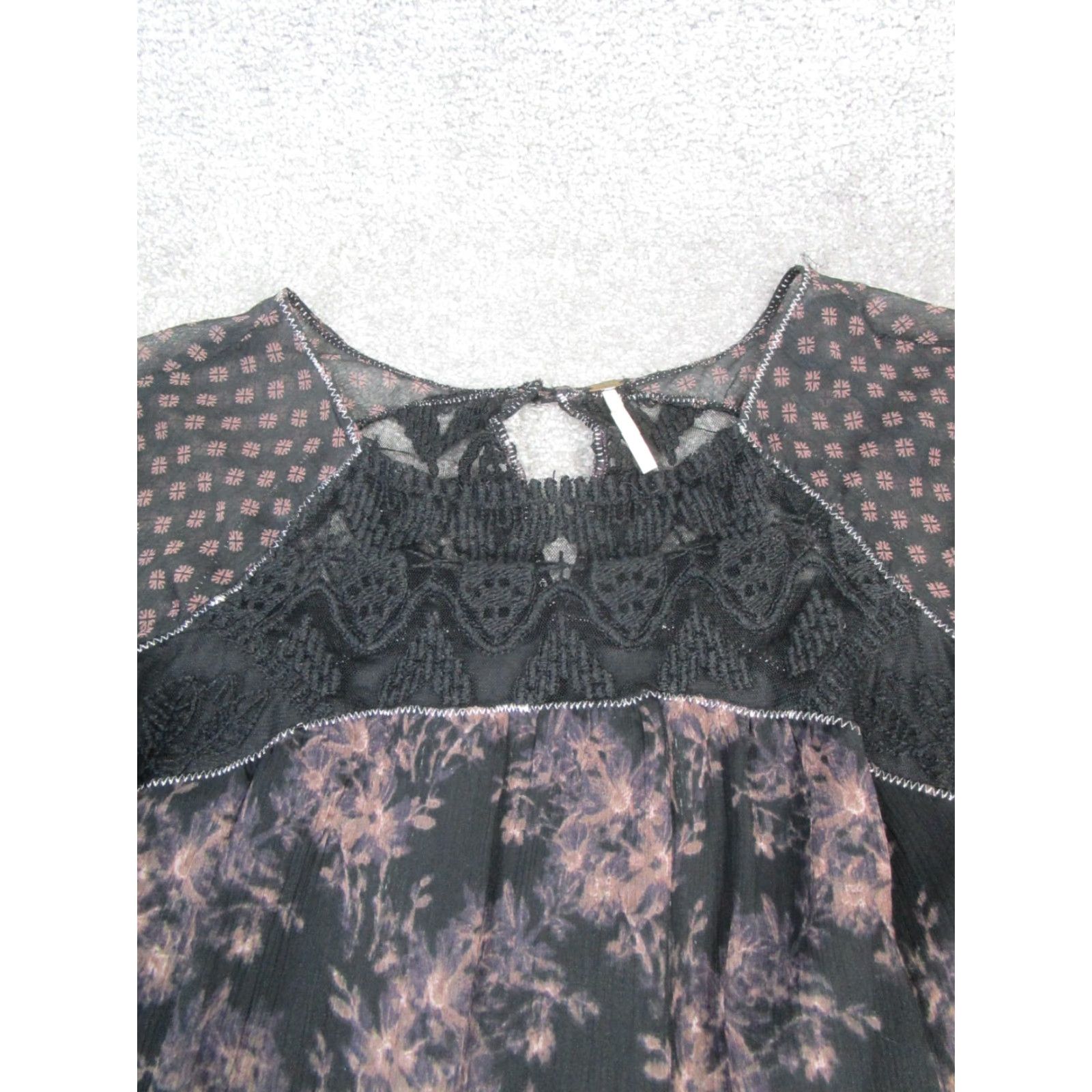 Free People VINTAGE Free People Dress Womens XS Purple Black Floral Blouson Short Sleeve Square Neck Button Casual Party Summer Women Size XS / US 0-2 / IT 36-38 - 2 Thumbnail