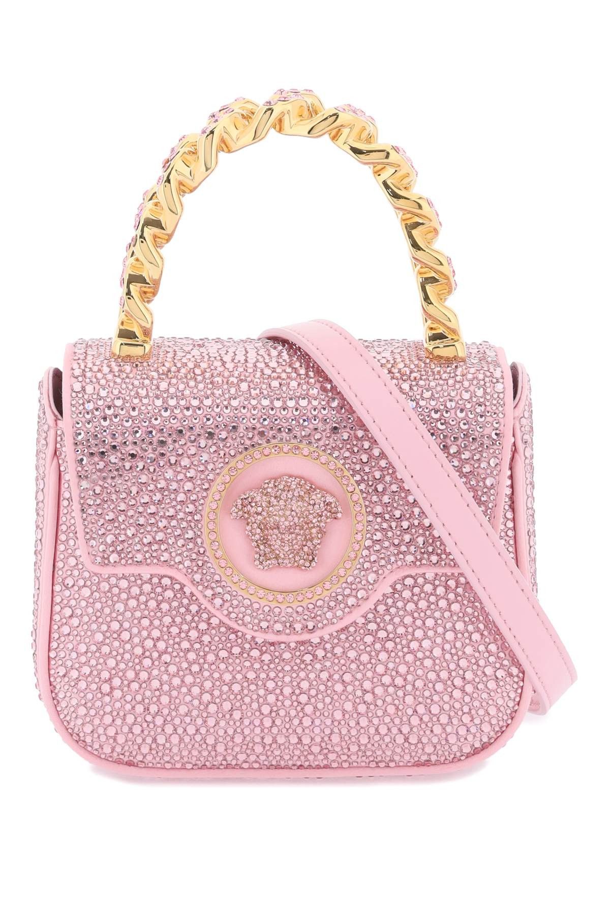 image of Versace La Medusa Handbag With Crystals in Pale Pink Versace Gold, Women's