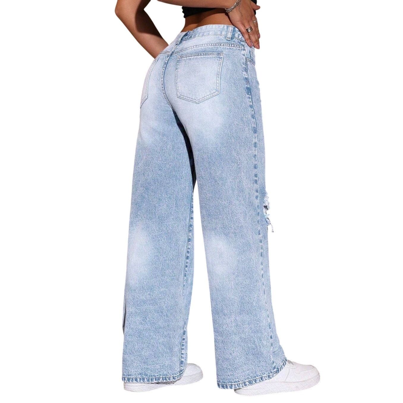 Shein Baggy-Slim Fit Distressed Washed Denim Jeans Blue, Size 4/28 Size 27" / US 4 / IT 40 - 2 Thumbnail