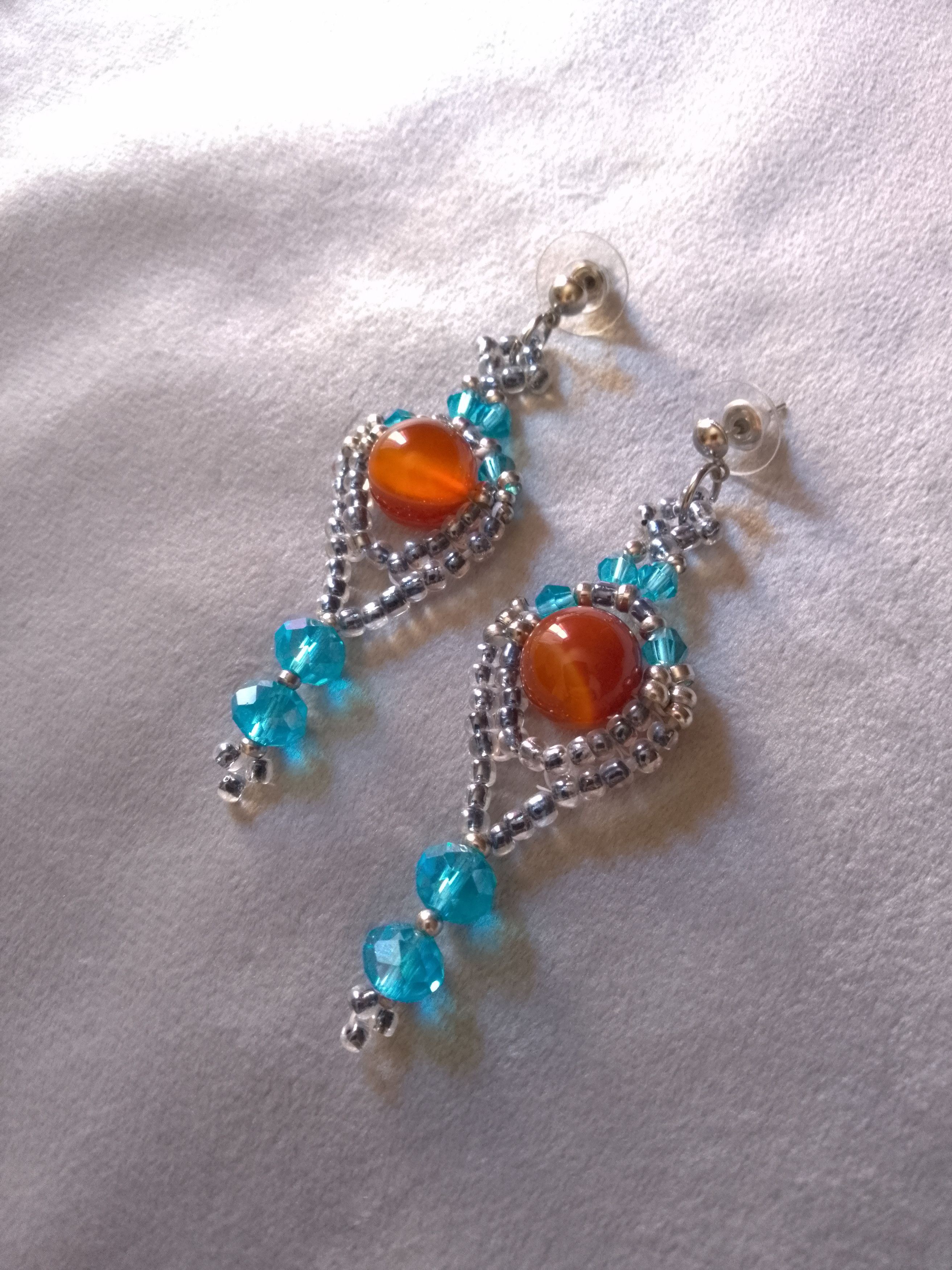 Handmade Dangle earrings with red carnelian gemstones blue crystal Size ONE SIZE - 4 Thumbnail