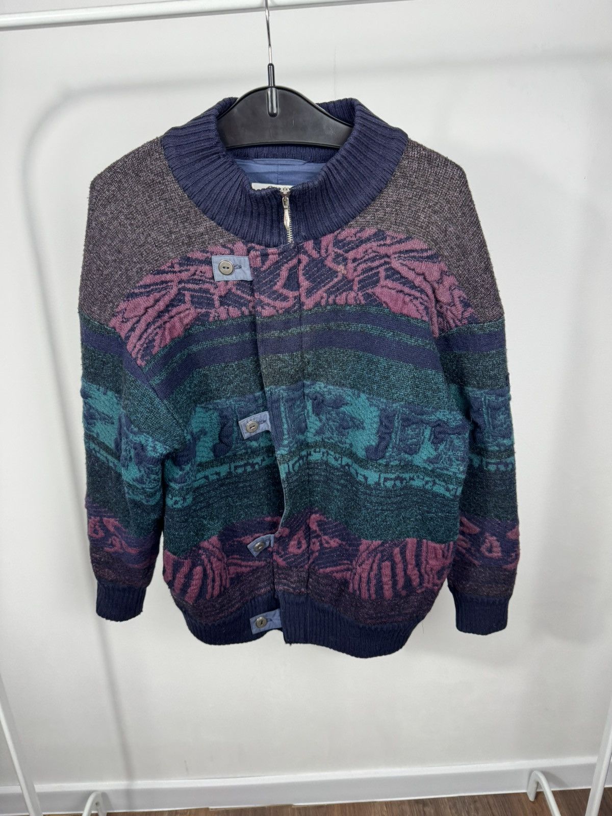 Other Vintage Abstract Pattern Knit Bomber Jacket Wool Blend 50 Size US XL / EU 56 / 4 - 8 Thumbnail