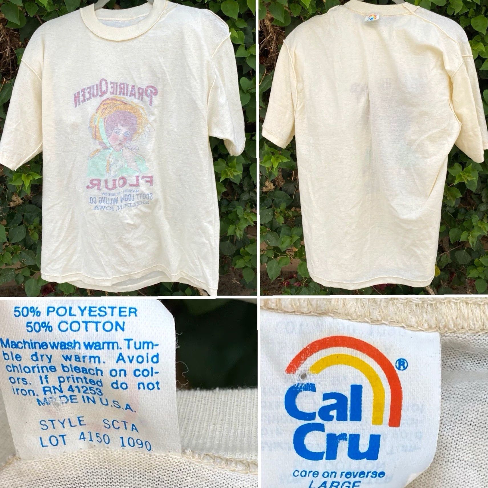 Vintage Vintage Cal Cru Prairie Queen Flour Sheldon Iowa T Shirt Single Stitch L Ivory Polyester Blend Men Short Sleeve Size US L / EU 52-54 / 3 - 5 Thumbnail