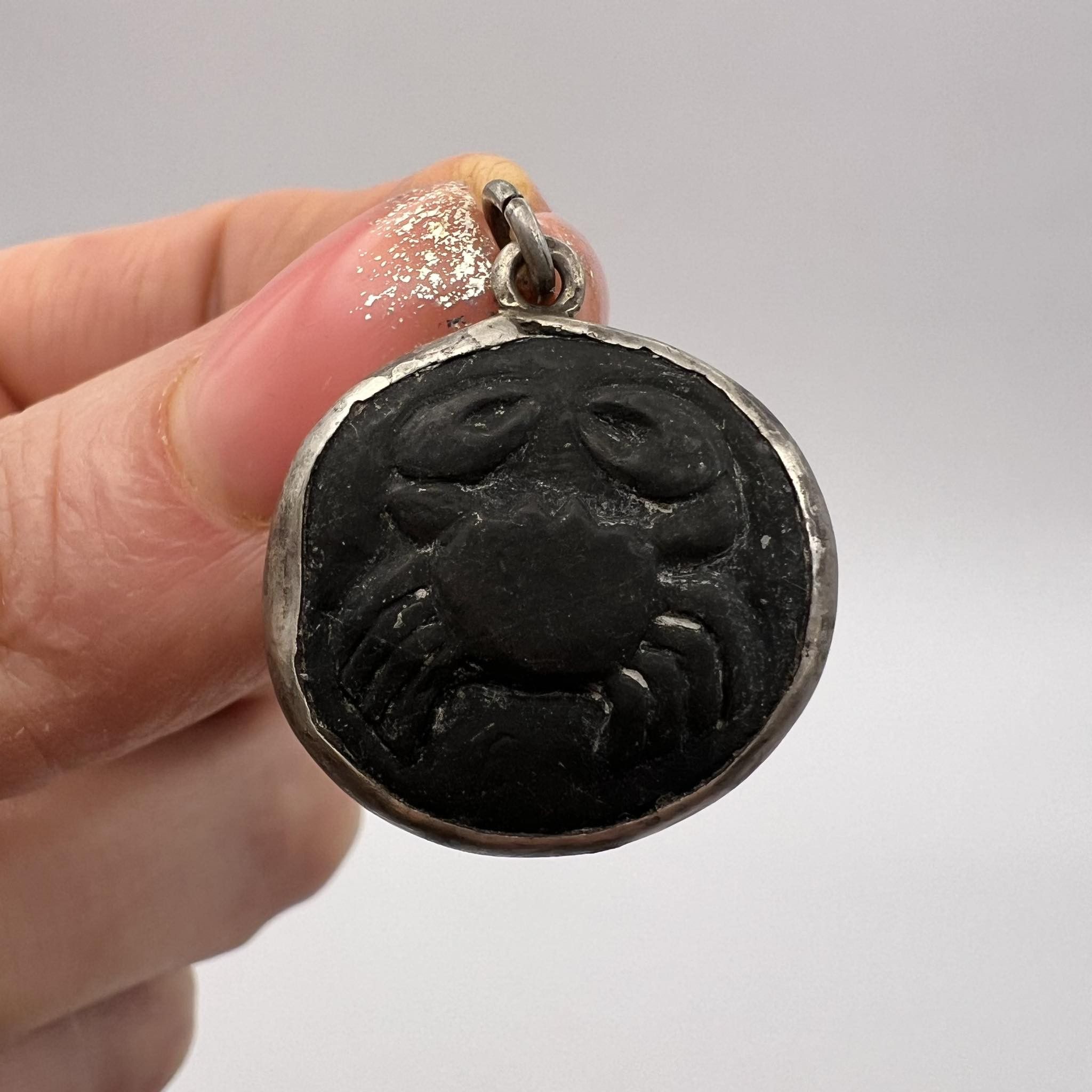 Antique Pendant Silver 800 Hand Carved Crab Volcanic Lava