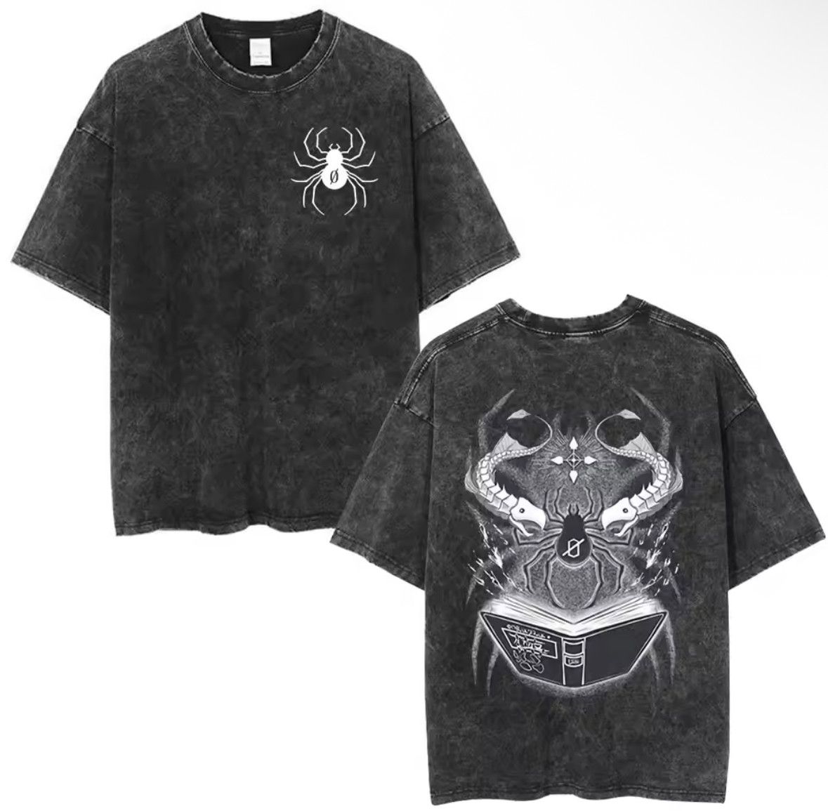 Japanese Brand Vintage Goth Anime Spider Spell Print Acid Washed T-Shirt Size US XL / EU 56 / 4 - 1 Thumbnail