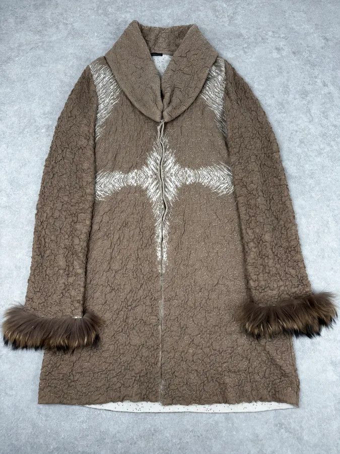 2000s Roberto Cavalli Wrinkled Texture Beige Wrist Fur Long Jacket