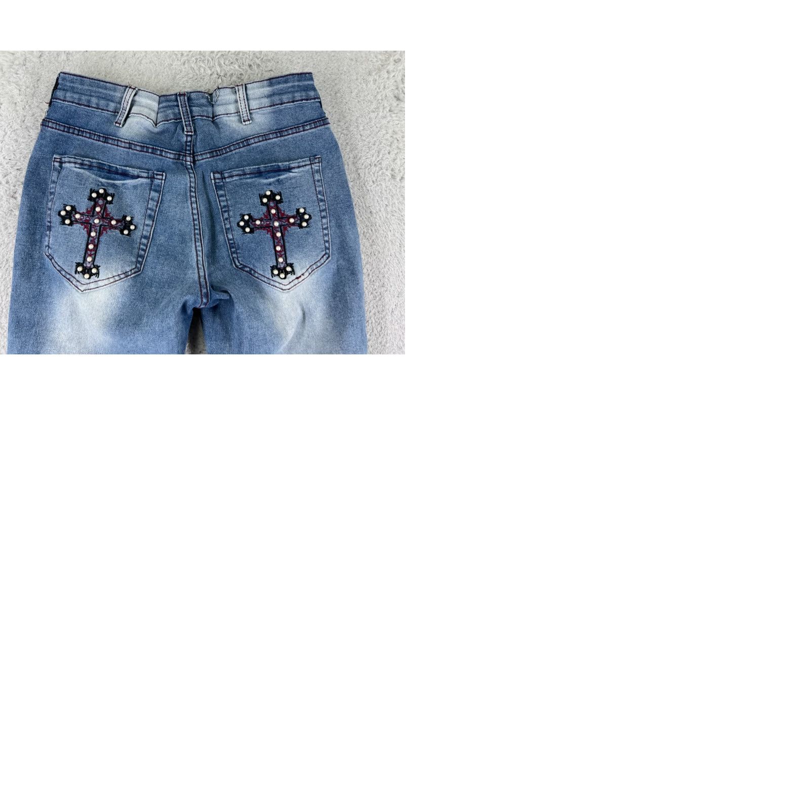 Denime Jeans Women 24 Blue Denim Flared Distressed Embellished Crosses 5-Pocket Regular Inseam 24 Denim Jeans Hippie Size 42" / US 20 - 10 Thumbnail